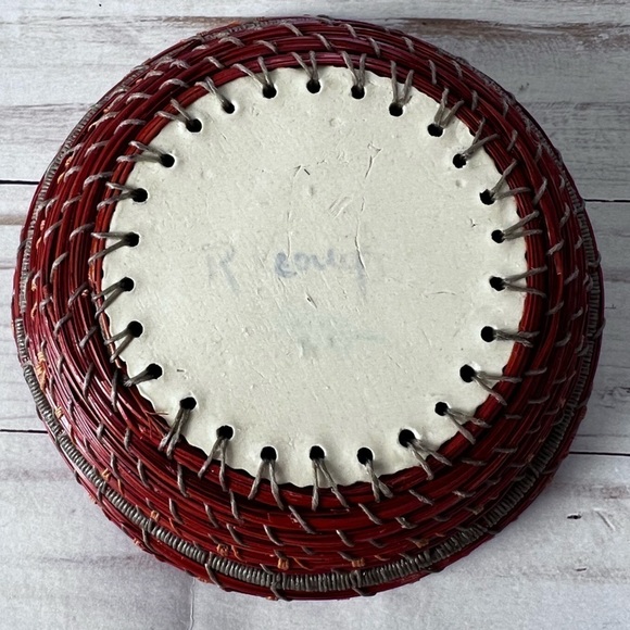 Handmade Pine Needle Woven Basket with Asian Landscape Style Bottom - Picture 7 of 8